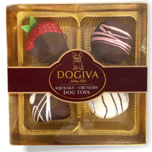A box of Dogiva Chocolates, a dog toy inspired by their humans favorite treats of a similar name.